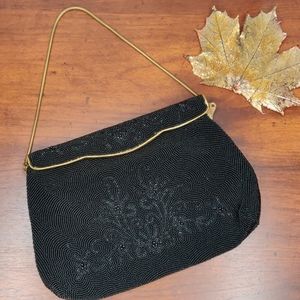 1960s Vintage Beaded Black Clutch Purse - Black